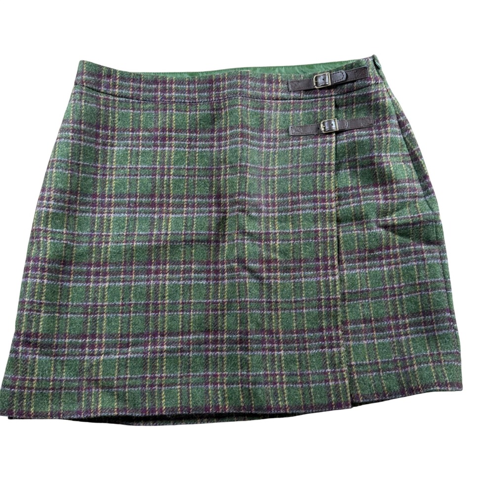 Boden British Tweed by MOON Green Plaid Wool Wrap Mini Skirt womens 12 preppy